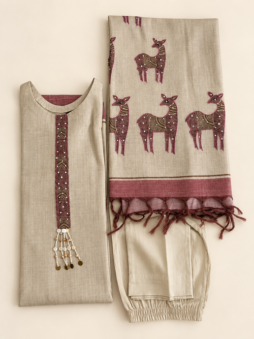 Beige Linen Straight Kurta Set with Deer Motifs